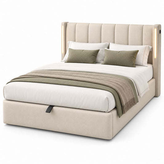 Lit double conteneur 160 × 200 cm en tissu beige avec tête de lit rembourrée et lumières LED, 171 × 215 × 120 cm