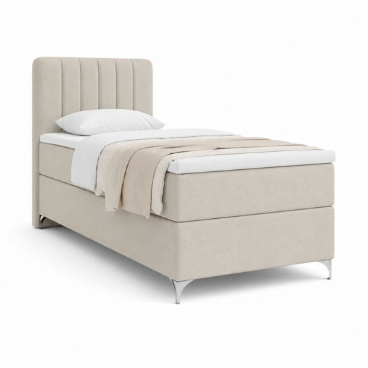 Lit simple boxspring 90 × 200 cm en tissu beige avec tête de lit, matelas à ressorts et topper