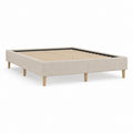 Lit double rembourré en tissu beige et bois avec filet à lattes 160 × 200 cm, dimensions 206 × 166 × 35 cm