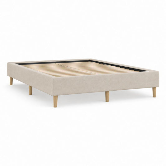 Lit double rembourré en tissu beige et bois avec filet à lattes 160 × 200 cm, dimensions 206 × 166 × 35 cm