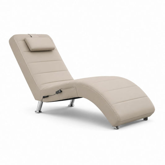 Chaise longue massage en cuir synthétique PU et acier chromé, beige, 165 × 60 × 79 cm