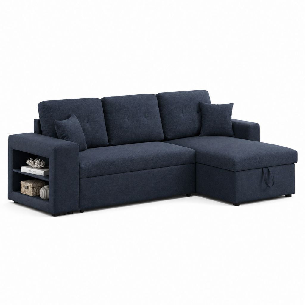 Canapé angulaire à 3 places en tissu bleu marin avec péninsule droite, récipient et étagères latérales, 225 × 145 × 86 cm