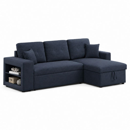 Canapé angulaire à 3 places en tissu bleu marin avec péninsule droite, récipient et étagères latérales, 225 × 145 × 86 cm