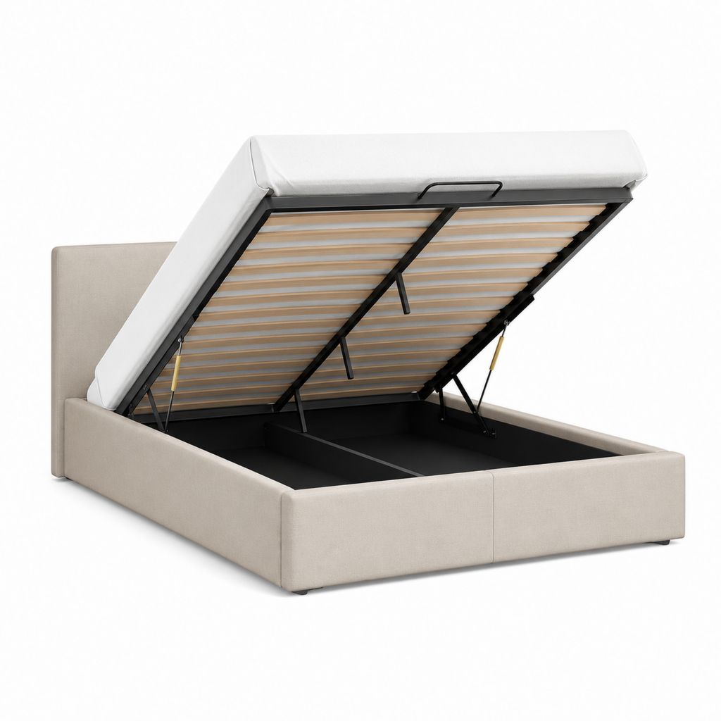 Lit double conteneur 160 × 200 cm en polyester beige avec filet à lattes et levage à gaz