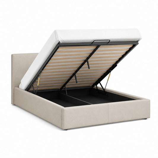 Lit double conteneur 160 × 200 cm en polyester beige avec filet à lattes et levage à gaz