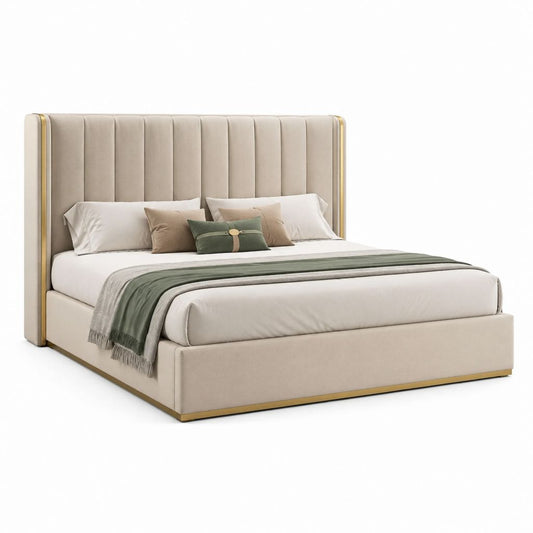 Lit double rembourré 180 × 200 cm en velours de polyester beige avec tête de lit haute et profilés dorés