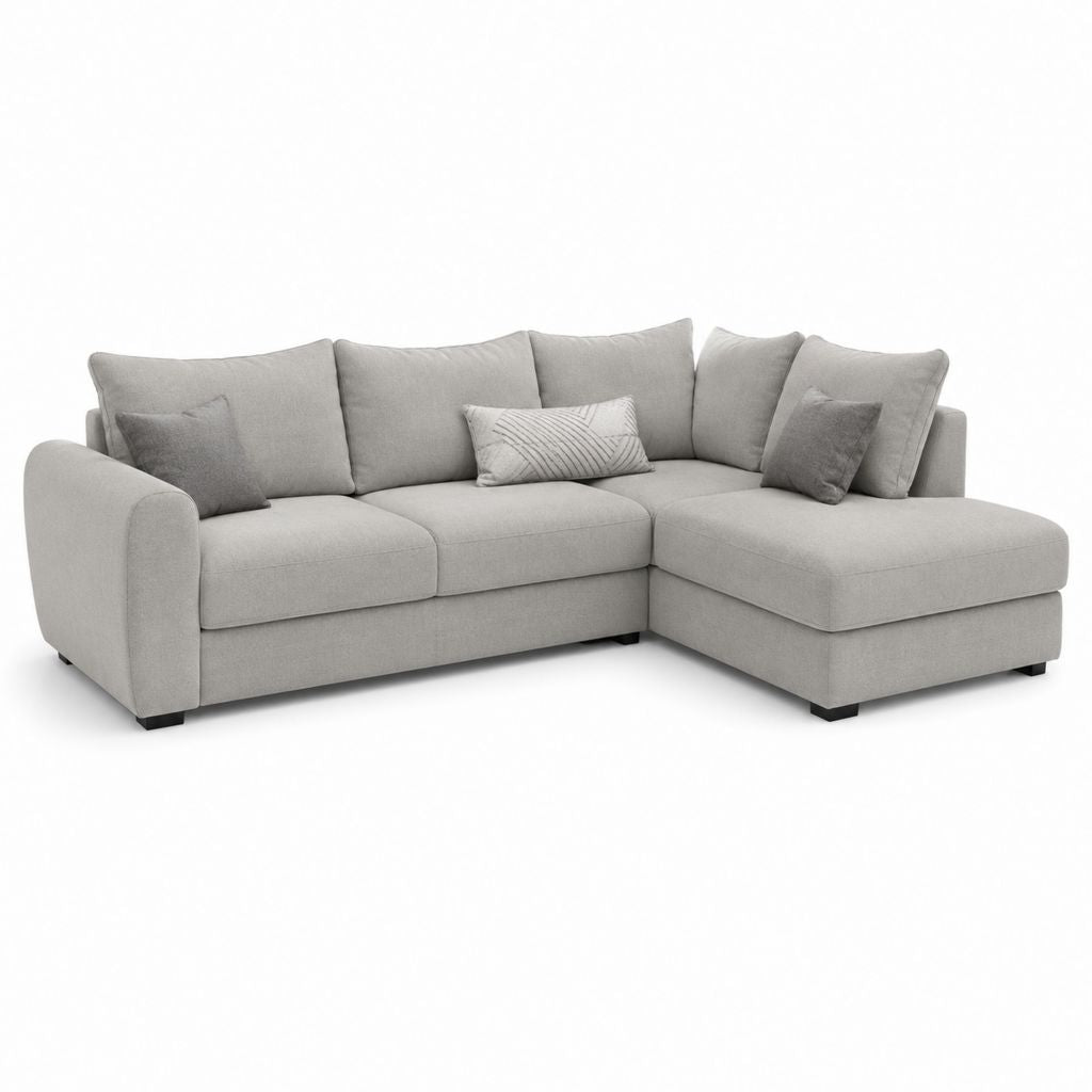 Canapé angulaire L 4 places en tissu gris clair avec péninsule droite, 270 × 170 × 90 cm